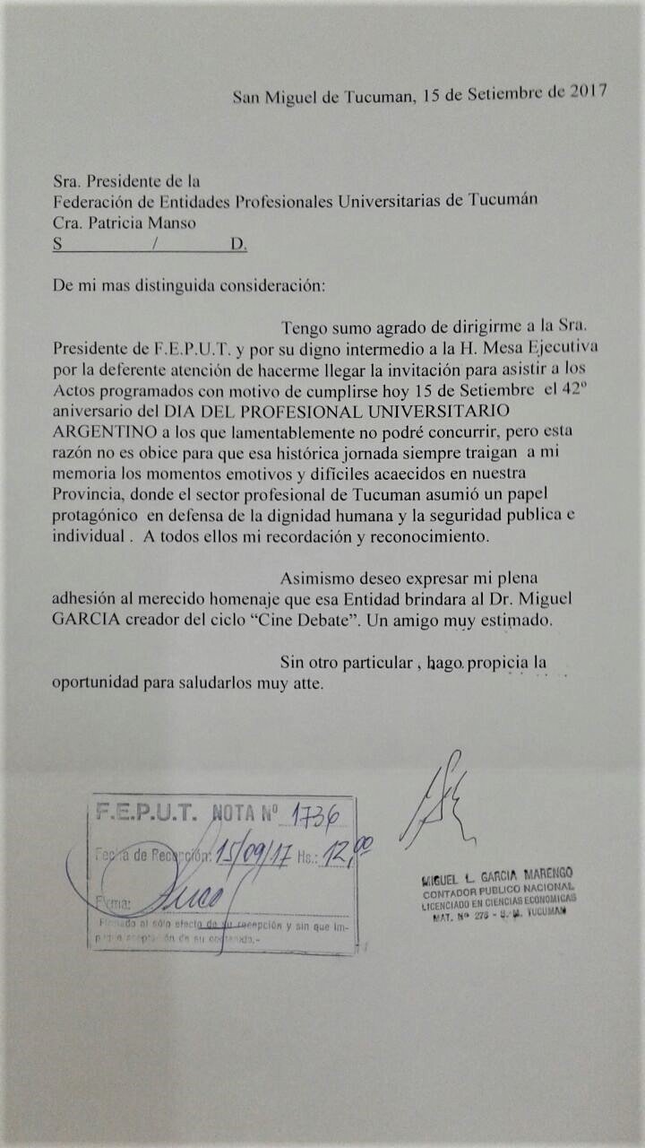 Carta del CPN Miguel García Marengo, Ex Presidente de FEPUT.
