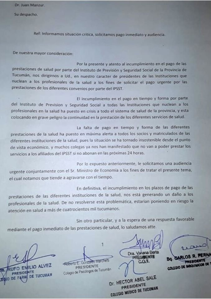 Pedido de FEPUT y los Colegios Profesionales al Gobierno por el pago de las prestaciones al Subsidio de Salud