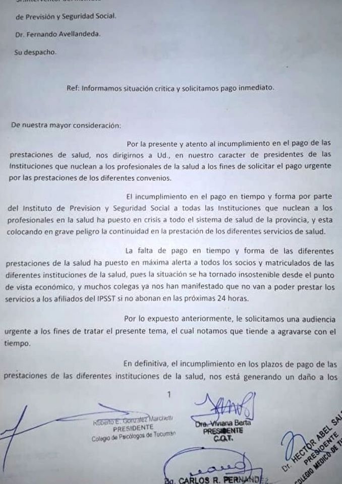 Pedido de FEPUT y los Colegios Profesionales al Gobierno por el pago de las prestaciones al Subsidio de Salud
