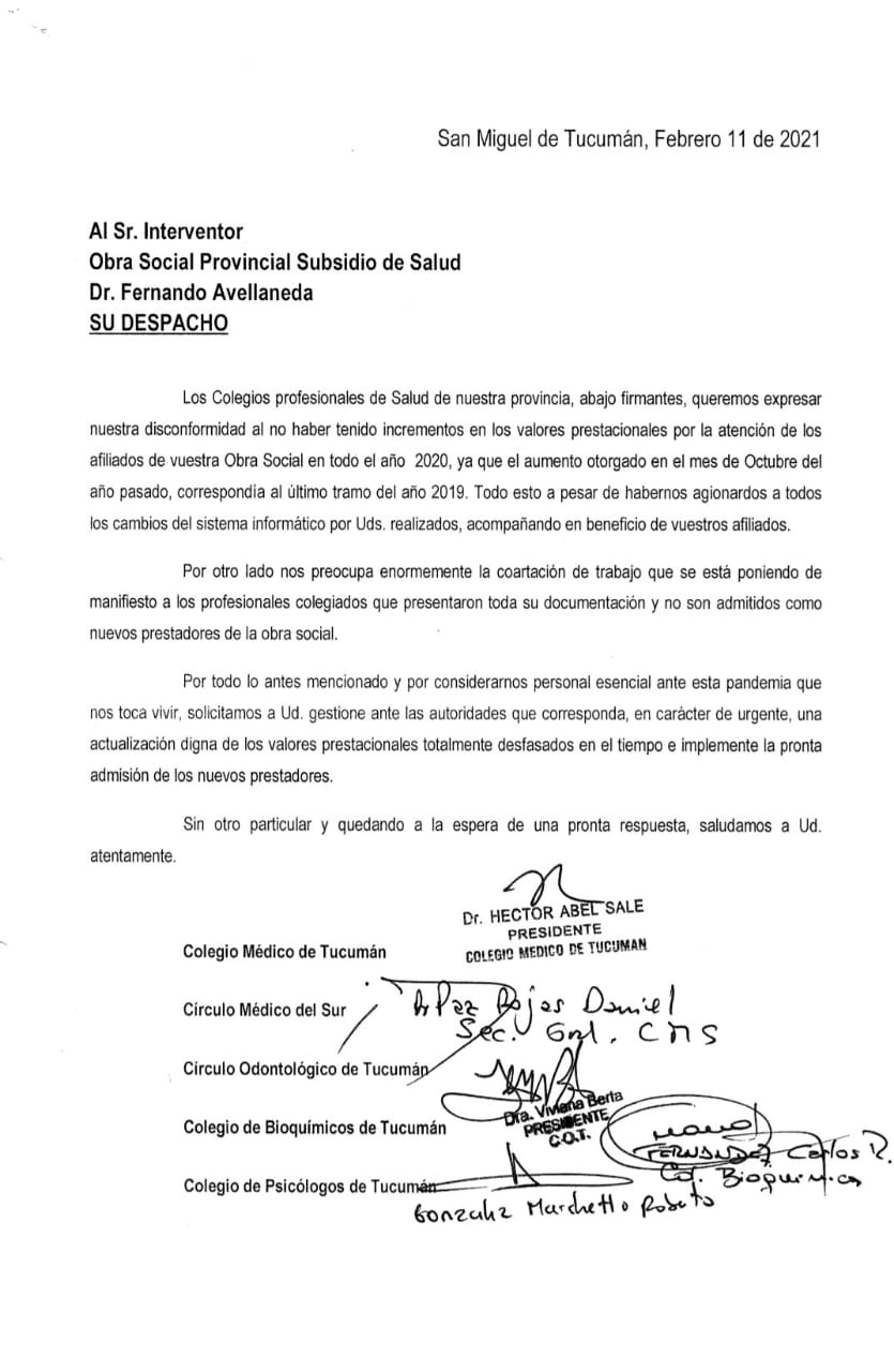 Nota de los Colegios Profesionales de la Salud al Interventor del Subsidio de Salud