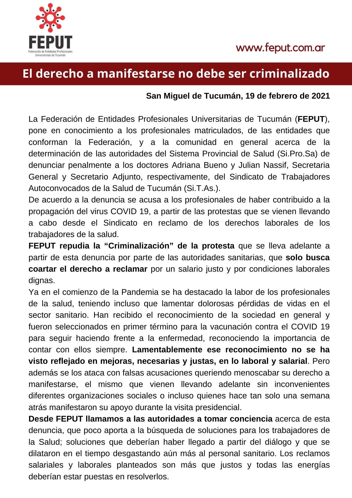 El derecho a manifestarse no debe ser criminalizado
