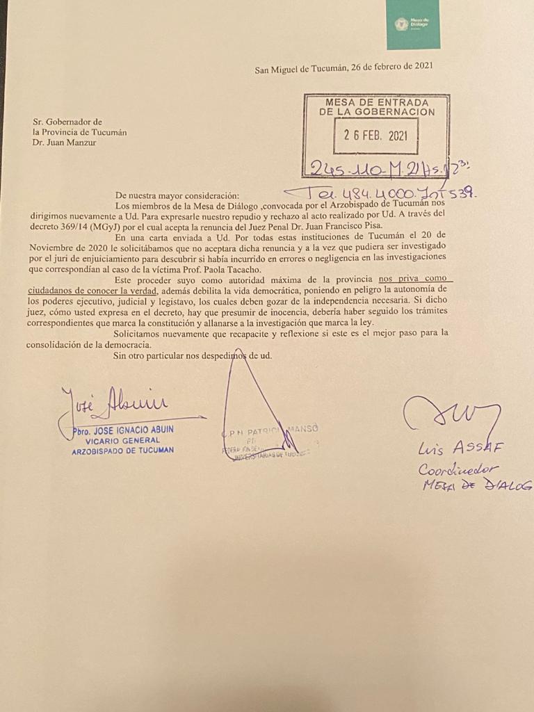 Mesa de diálogo | Nota enviada al Gobernador en repudio y rechazo a la aceptación de la renuncia del Juez Pisa