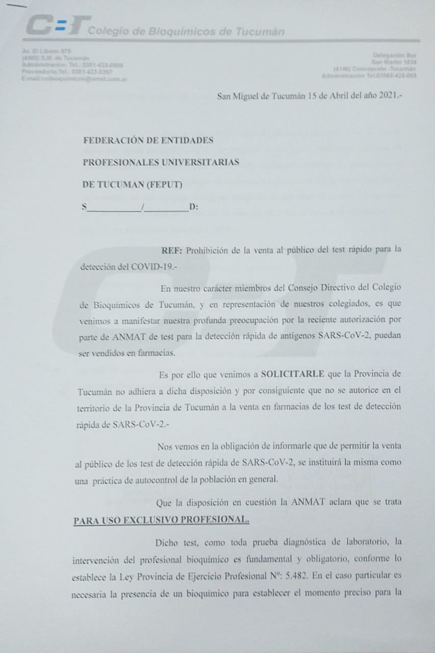 Colegio de Bioquímicos | Alerta a la población por venta de test de Covid en Farmacias