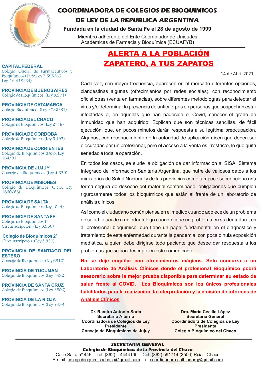 Colegio de Bioquímicos | Alerta a la población por venta de test de Covid en Farmacias