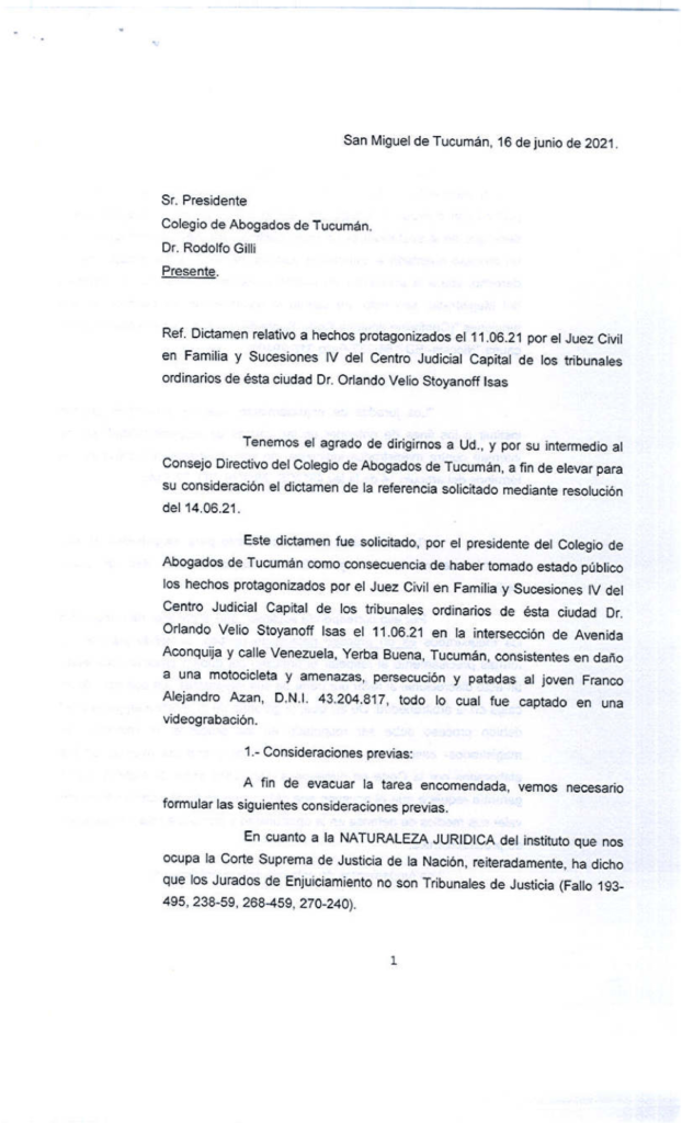 El Colegio de Abogados de Tucumán realizará un pedido de Juicio Político contra el Juez Stoyanoff