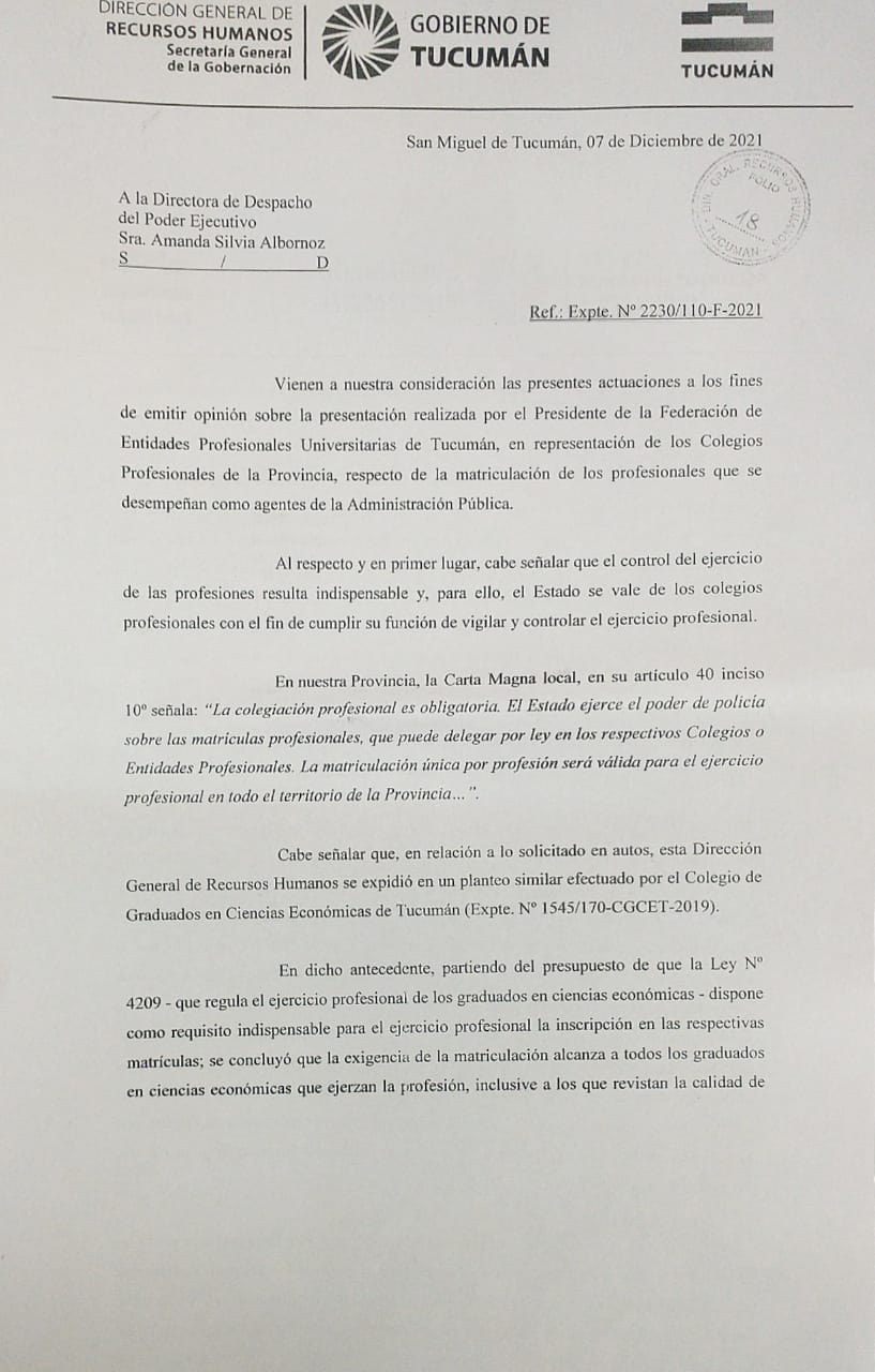 Matriculación obligatoria de los profesionales que se desempeñanan en la Administración Pública